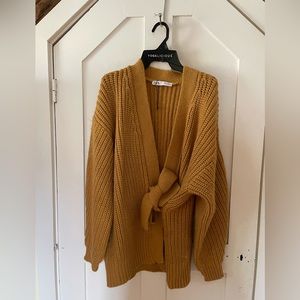 NWOT ZARA knit wrap cardigan sweater tie belt Yellow Medium